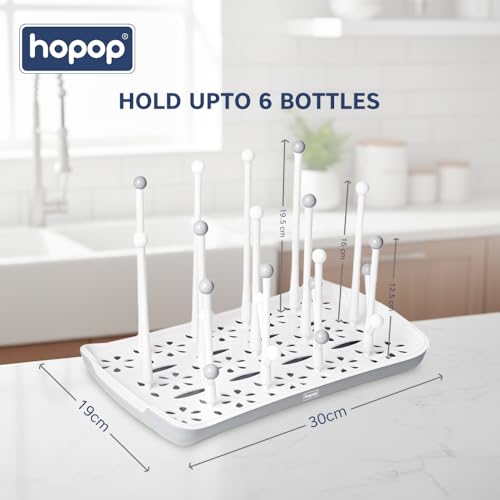 Image of Hopop Plastic Baby Bottle Drying Rack | Portable & Compact Bottle Drying Rack with Detachable Water Drip Tray | Holds Upto 6 Bottles and Accessories | BPA Free Efficient Baby Care Essential | White