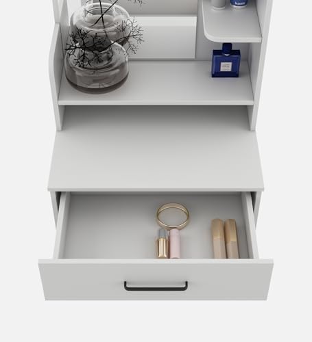 Image of Miko Dressing Table with Storage | Engineered Wood | Frosty White Matte Finish | Large Mirror (120x40 cm) | Bedroom Furniture | Knock Down Assembly