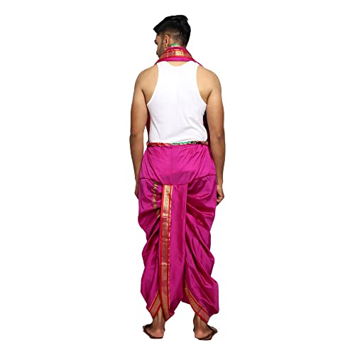 Image of Rameshwaram Fabrics Readymade Dhoti for Men, Velcro Style Stitched Mens Silk Dhoti Pant with Stole Set