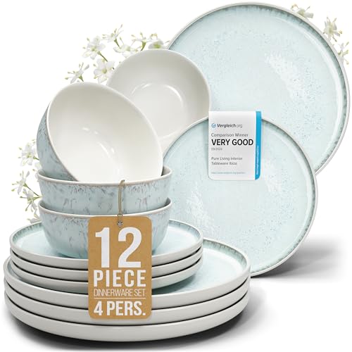 Image of 12 Piece Stoneware Dinnerware Set for 4 - Handmade Reactive Glaze Plates and Bowls Set - Chip & Scratch Resistant Dish Set - Dishwasher Microwave Safe - Light Beige & Blue