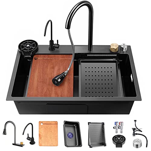 ECTbicyk Waterfall Kitchen Sink,26.8Inch Undermount Single Bowl Stainless Steel Kitchen Sink,Workstation Kitchen Sink with Accessories
