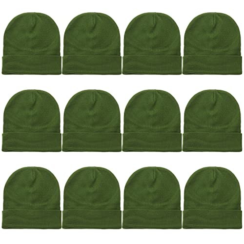Falari 12 Pack Wholesale Winter Beanie Hat Unisex Bulk Skull Knitted Ski Cap for Cold Weather - Army Green