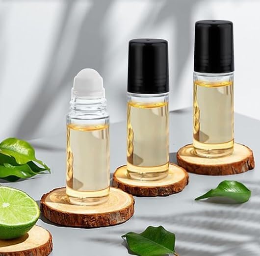 1/3oz plain roll on glass bottles with roller and black caps- 144 PACK; Essential Oils Roll On Bottle; Perfume Roller Bottles; Refillable Clear Glass; Deodorant Bottles