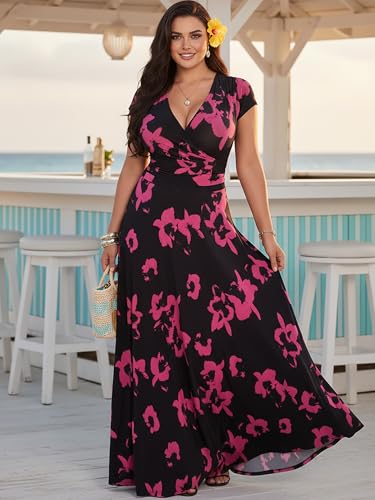 Image of KOH KOH Womens Short Cap Sleeve Summer Floral Print Long Casual Maxi Dress