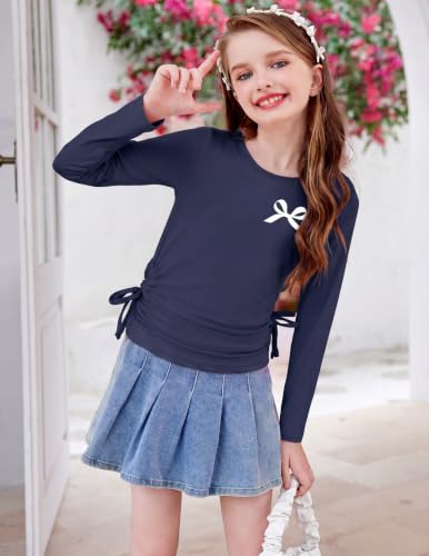 Image of Arshiner Girls Long Sleeve Shirts Ruched Knot Side Tunic Blouse Tee Tops