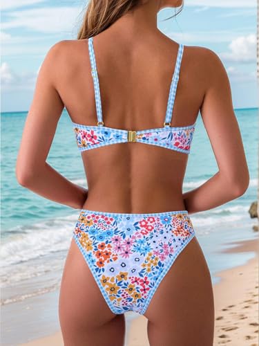 Image of Fanuerg Women's Triangle Bikini Sets O Ring Linked Two Piece Swimsuits Floral Printed Cheeky Bathing Suit