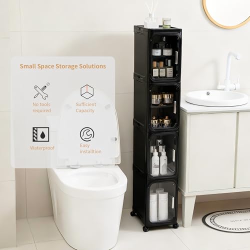 Image of 5-Tier Tall Narrow Slim Bathroom Storage Cabinet, Black | Tool Free Assembly, Adjustable shelves, Fits for Narrow Spaces, Lockable Wheels, Magnetic Clear Door