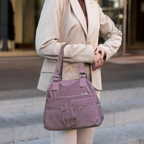Image of Nylon Tote Bag for Women Shoulder Tote Bag with Zipper Waterproof Nylon Purse and Handbags Lightweight Hobo Bag