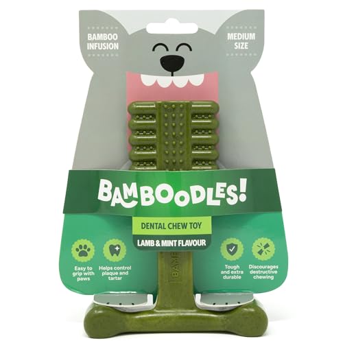 Bamboodles T-Bone - Juguete masticable para Perros, Mediano, Sabor a Menta y Cordero, masticable Natural de Larga duración para Perros pequeños y Cachorros, Palo masticable Duradero, Seguro y