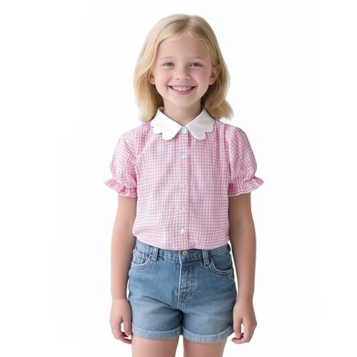 Image of Girls Button Down Shirt Puff Sleeves Blouse Summer Cute Top Doll Collar School Uniform, 4-13Y