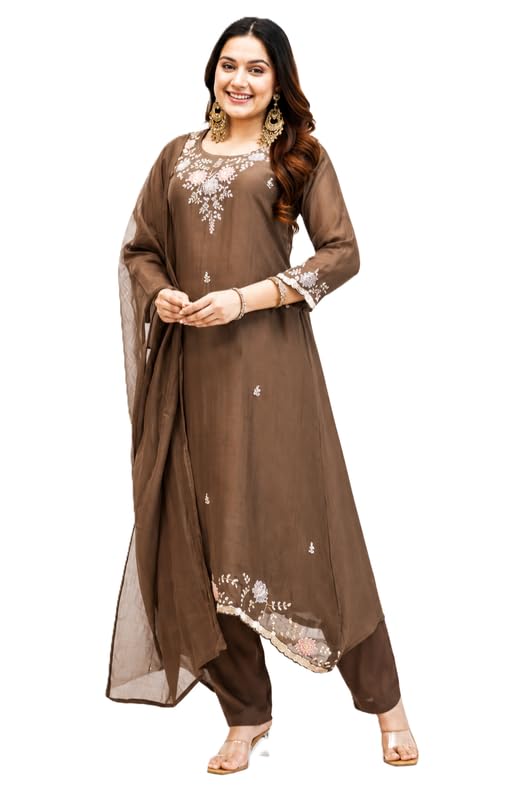 Women's Embroidered Kurta Pant Dupatta Set | Straight Ethnic Suit Set | Round Neck | 3-Piece Traditional Outfit for Festive, Wedding, Party & Family Functions-image-38