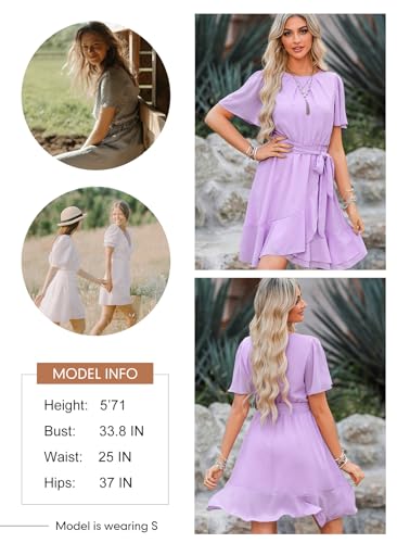 Dokotoo Womens Mini Dresses Chiffon A-Line Crewneck Short Sleeve Tie Waist Ruffle Summer Casual Elegant Party Wedding Guest High Waist Swing Boho Beach Sun Dress Plus Size Pink Large thumb #3