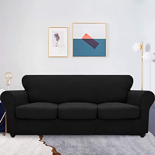 Maxijin 4 Pieces Stretch Couch Covers For 3 Cushion Couch Non Slip Couch Cover For Dogs Latest Leaf Pattern Sofa Slip Covers For Living Room Washable Furniture Protector (Sofa, Black) #TOP1