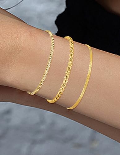 8Pcs Gold Bracelets 18K Gold Plated Stainless Steel Chain Bracelet Satellite Bead Box Herringbone Rope Paperclip Figaro Cuban Link Bracelet for Women Silver Gold Tone 6.5 Inches Adjustable4