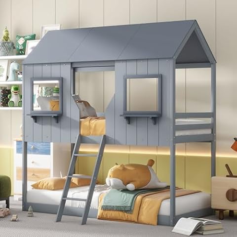 Polibi Twin-Over-Twin Wooden House Bed, Bunk Bed with Playhouse, Farmhouse, Ladder and Guardrails/Grey Cover