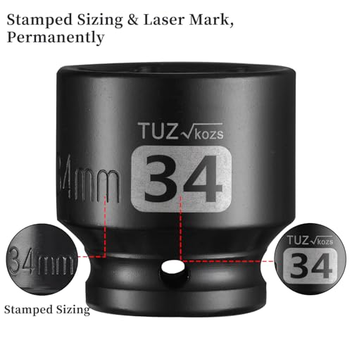 Image of 1 /2 Inch Drive 34mm Shallow Metric Impact Socket,CR-MO,6 Point Radius Corner Design,Square Chamfered Opening,Axle Nut Impact Grade Socket for Easy Removal