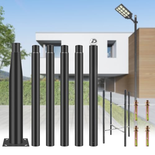 EternXTool 20ft Outdoor Street Light Pole - Galvanized Steel Lamp Post with Mounting Rebar Cage, Adjustable Height Heavy Duty for Parking Lot, Patio, Courtyard & Residential Areas (Black)