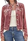 HUEOBIR Women's Solid Color Long Sleeve Velvet Jacket Fashion Casual Buckle Short Coat With Pockets Outerwear(Pink-S)