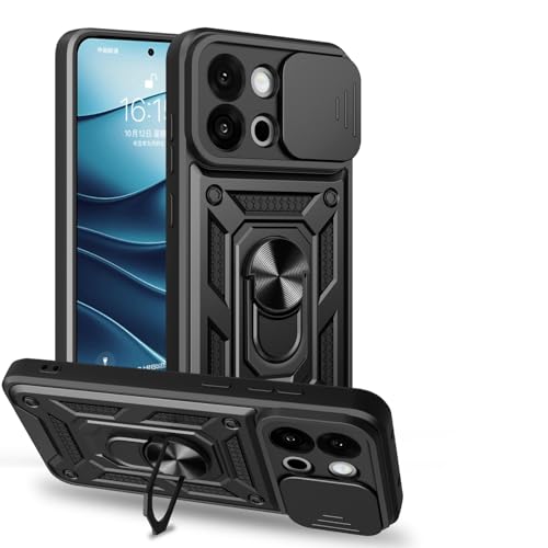 Image of Spazy Case Oneplus 13S Back Cover | Heavy Duty Hybrid Case with 360 Degree Rotating Finger Ring Holder + Slider Shutter Camera Protection Case for Oneplus 13S - Black