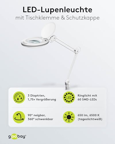 goobay Lupenleuchte/LED Lupenlampe aus Plastik / 8 W Leistungsaufnahme, Farbtemperatur 6500 K/Lichtstrom 650 lm/Betriebsspannung 230 V (AC) 60361, Weiß