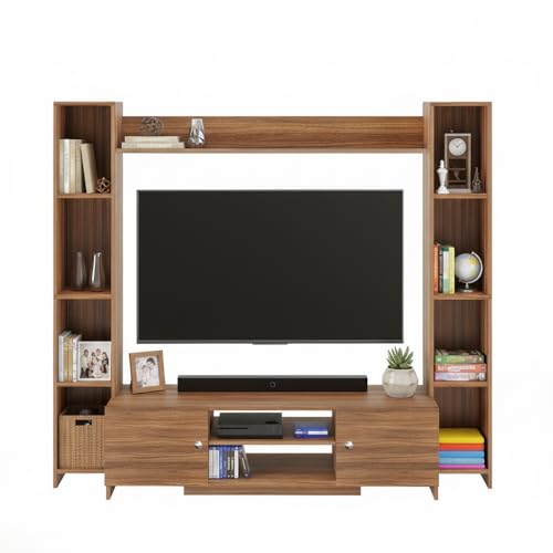 Image of FURNEASER Decoria Wooden TV Cabinet Unit with Side Bookshelf & Storage | Modern Entertainment Center for Living Room | TV Stand for Up to 43-50 Inch TV (Exotic Teak)