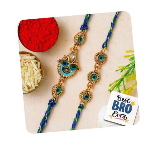 Image of eCraftIndia Set of 2 Beautiful Peacock Feather Designer Rakhis | Best Bro Ever Fridge Magnet | Roli Chawal Pack | Rakhi for Brother Bhaiya Bhai Bhabhi Kids