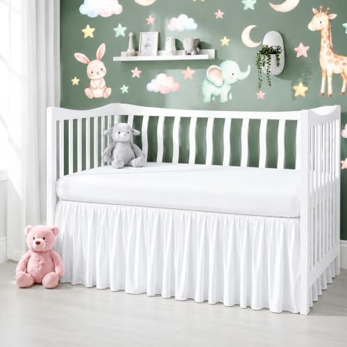 Image of Crib Bed Skirt Dust Ruffle with Split Corners - 100% Cotton - Nursury Standard Crib Bedding Toddler Bedskirt for Baby Boys or Baby Girls - 14 inch Drop - White Crib Skirt