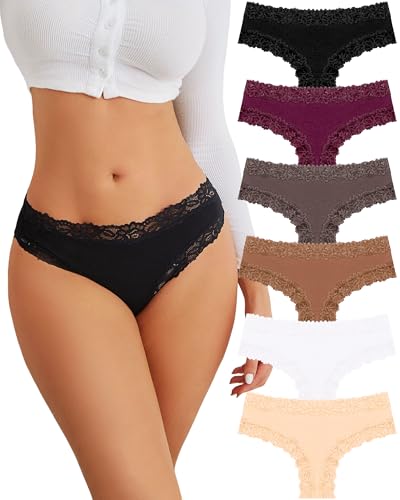 Image of FINETOO Cotton Underwear for Women Sexy Panties Lace Hipster Low Rise Breathable Womens Cheeky 6 Pack S-XL