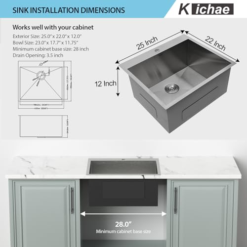 Image of Kichae 25 Laundry Sink with Faucet - 25x22 Drop In Utility Sink 12 inch Deep Topmount Single Bowl Stainless Steel Single Bowl Kitchen Sink Handmade Basin with Pull Down Faucet Combo