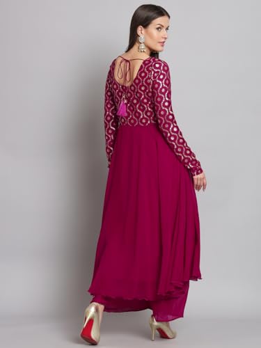 Image of PH POSHAKHUB Georgette Foil Print Anarkali Kurta has Round Neck and Full Sleeve