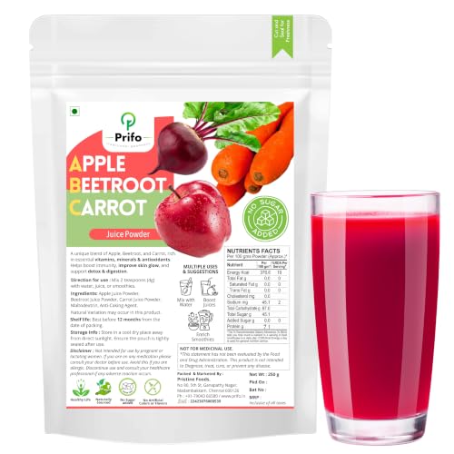 Image of Prifo ABC Juice Powder 250g - Apple Beetroot Carrot Superfood Mix | Natural Detox Drink for Immunity, Glowing Skin & Energy | No Added Sugar, Non-GMO & Preservative-Free | Travel-Friendly