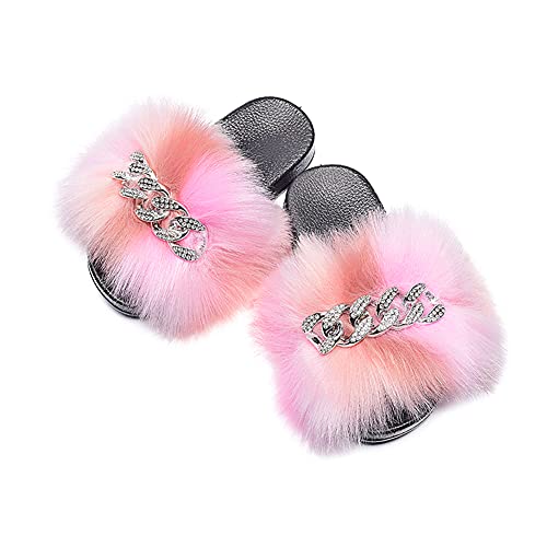 Girls Faux Fur Fluffy Slides Sparkle Rhinestone Furry Slippers Colorful Sandals