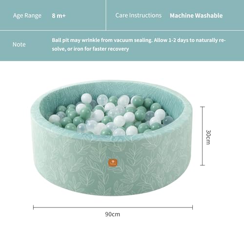 Dodozen Bällebad Bällepool Für Babys Kinder 90X30cm Rund,Superweicher Samt,Abnehmbar und waschbar,Salbei:Weiß/Transparent/Grün