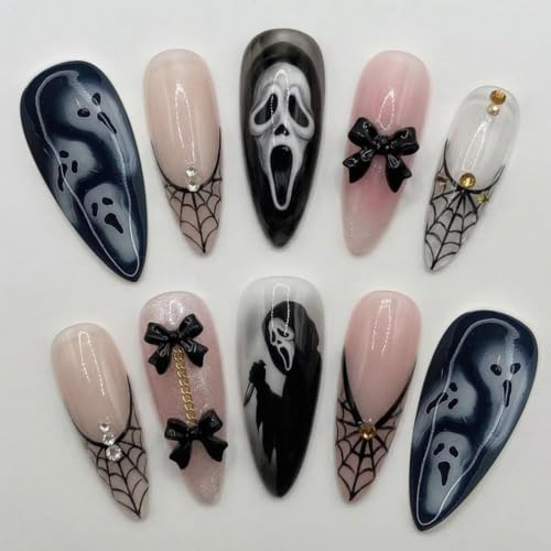 24Pcs Halloween Press on Nails Long Pointed Fake Nails Scary Ghost False Nail with Spiderweb Black Bow Rhinestones Designs Full Cover Acrylic Nails Reusable Halloween Stick on Nails for women