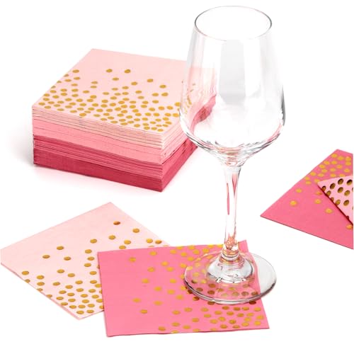 100 Pink Cocktail Napkins with Gold Foil Dots, 5 x 5 inch Bar Beverage Napkins Disposable Paper for Wedding, Baby Shower, Dinner, Event, Birthday Party Decorative Supplies (4 Assorted Gradient Pink)