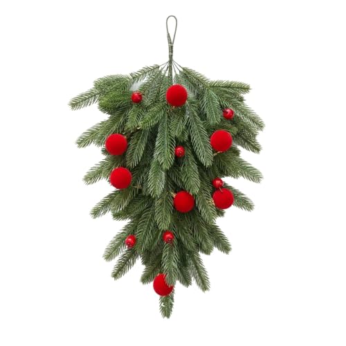 Image of Handmade Christmas Hanging Tree Wreath, 45cm Farmhouse Christmas Wreath with Red Ball Ornaments for Front Door/wall/fireplace Hanging Decoration