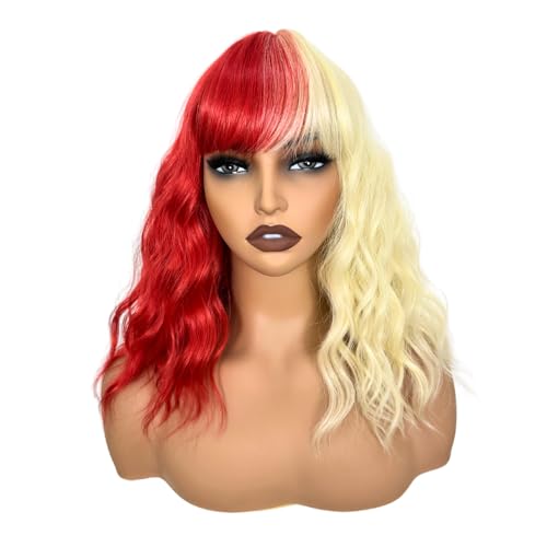 LOLYDEER Wavy Red And Blonde Wigs For Women Short Bob Wigs With Bangs Shoulder Length Curly Synthetic Wig Girls Colorful Cosplay Party Wigs Halloween Wigs For Women
