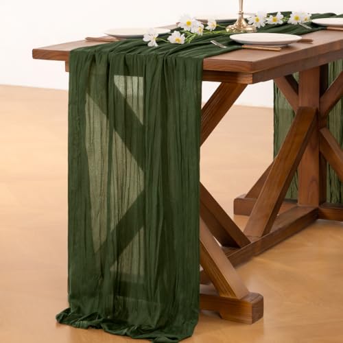 Image of Socomi Olive Green Spring Cheesecloth Table Runner Boho Rustic Gauze 120 inch 10FT Cheese Cloth Runner for Wedding Party Baby Shower Birthday Home Decor
