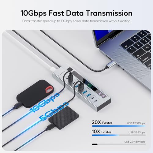 Image of 9-in-1 USB 3.2 Data Hub, Power Adapter NOT Included, Powered USB C Hub with 3 x USB-C 10Gbps, 4 x USB-A 5Gbps and 2 x 24 /45W USB-C PD Charging Ports USB Hub