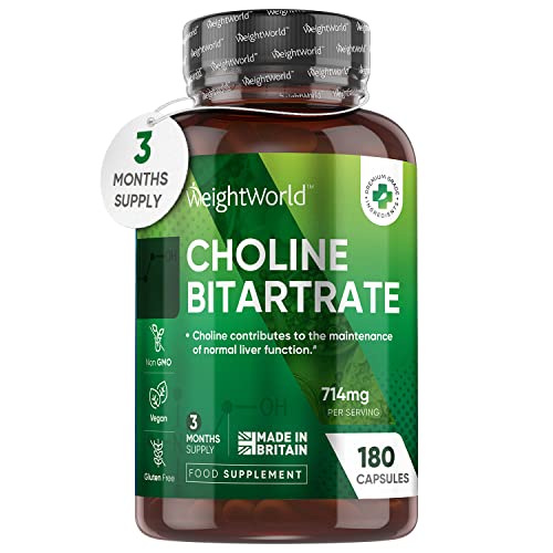 Choline Supplement 714mg - 3 Months Supply (180 Vegan Choline Capsules) - Choline Bitartrate (Choline Inositol Tablets Alternative) for Greater Absorption - High Strength Vegan Liver Supplement