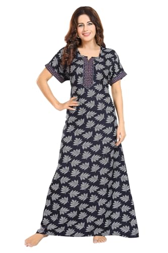 Image of Fabme Women's Cotton Printed Long Maxi Night Gown Nighty Dress with Pocket & Embroidery on Neck and Sleeves