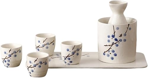 Vzfv 日本酒 酒器セット 徳利 + おちょこ 7点 おしゃれ 和風 桜柄 陶器 冷酒・熱燗 両用 家庭用・業務用 日本酒好き向け 花見 宴会 晩酌 ギフト (ホワイトブルー)