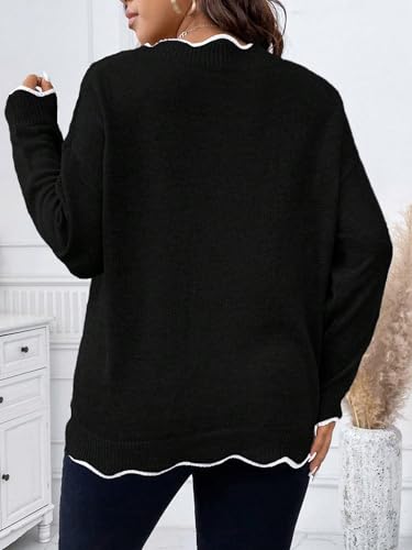 Image of MAKEMECHIC Women's Plus Size Long Sleeve Sweaters Scalloped V Neck Knit Cozy Sweater Pullover