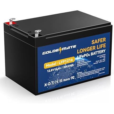 GOLDENMATE 12V 16Ah LiFePO4 Battery, Lithium Batteries 12v with 16A BMS, 5000+ Deep Cycle Lithium Iron Phosphate Rechargeable Battery for Solar, Fish Finder, Power Wheels, Lighting, Ride-on Toys Cover