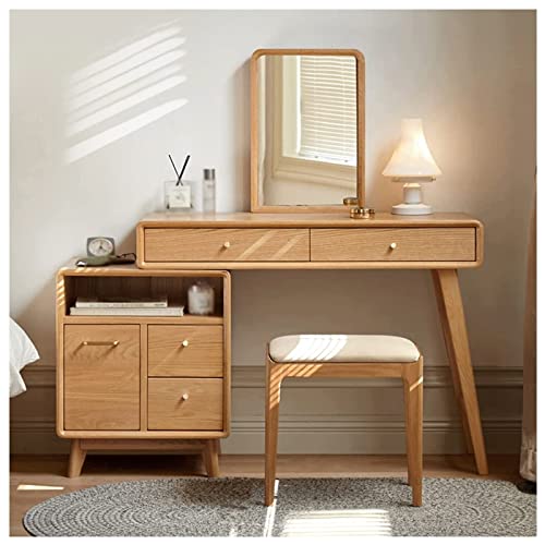 Exbert Kaptafel massief houten kaptafel voor slaapkamer, ijdelheid set met gewatteerde make-up kruk,kaptafel met rechthoekige spiegel en laden