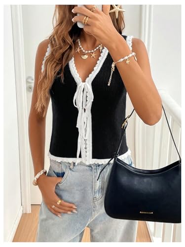 Image of GORGLITTER Women's Tie Front Cropped Sweater Vest Top Boho Holiday Outfits Sleeveless Color Clock Cardigan Dressy Casual Black and White Large