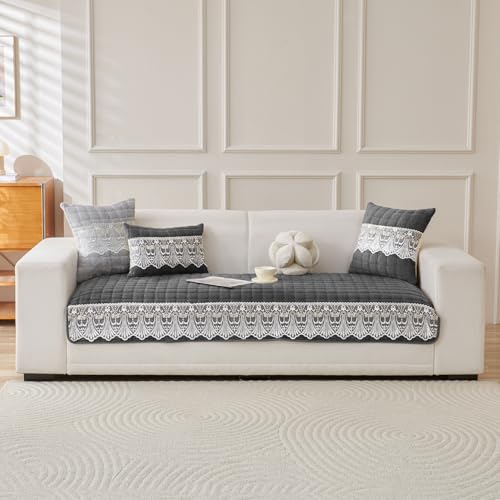 Image of HOKIPO 'BelleLace Series' Imperial Milk Velvet Sofa Cover Mat for 3 Seater Sofa, Lace Design, Porpoise Grey (AR-5966-DGRY*1)