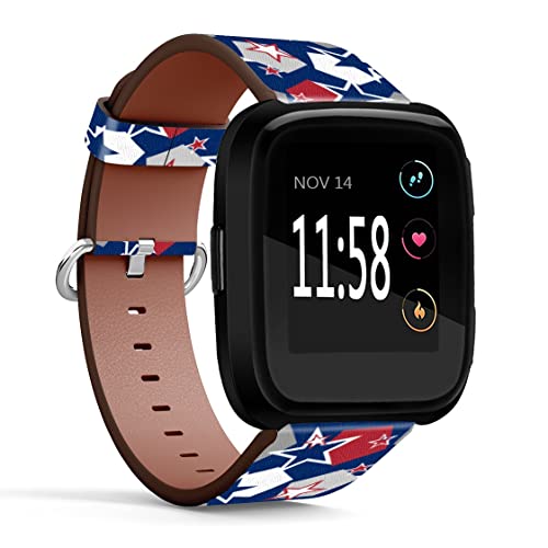 Mingdao Compatible with Fitbit Versa 2 / Versa / Versa Lite / Versa SE Patterned Leather Replacement Band (July 4Th Patriotic Stars Pattern-Wb01)