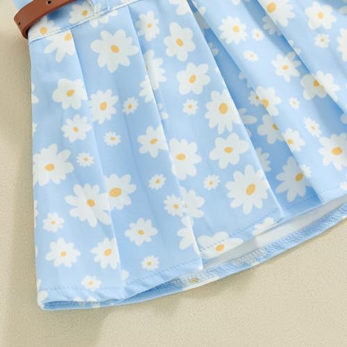 Image of BeQeuewll Toddler Baby Girl Summer Clothes Daisy Flower Girl Outfit Knit Shirt Mini Pleated Skirts Set Outfits for Grils1-4T (Blue, 3-4 Years)