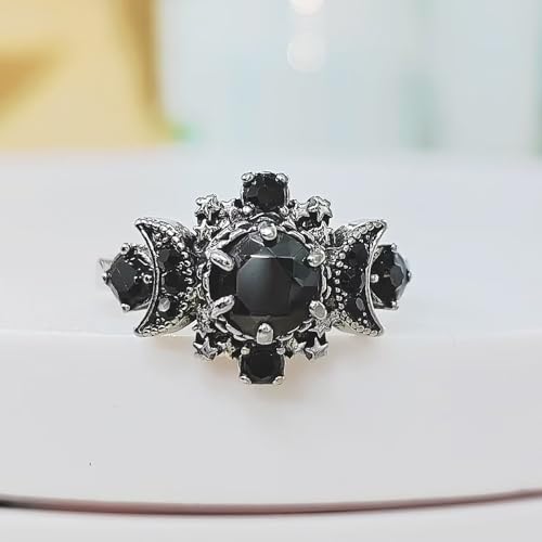 Triple Moon Goddess Ring Set Black Crystal Star Wicca Pagan Cresent For Women Wedding Engagement Wiccan Jewelry3